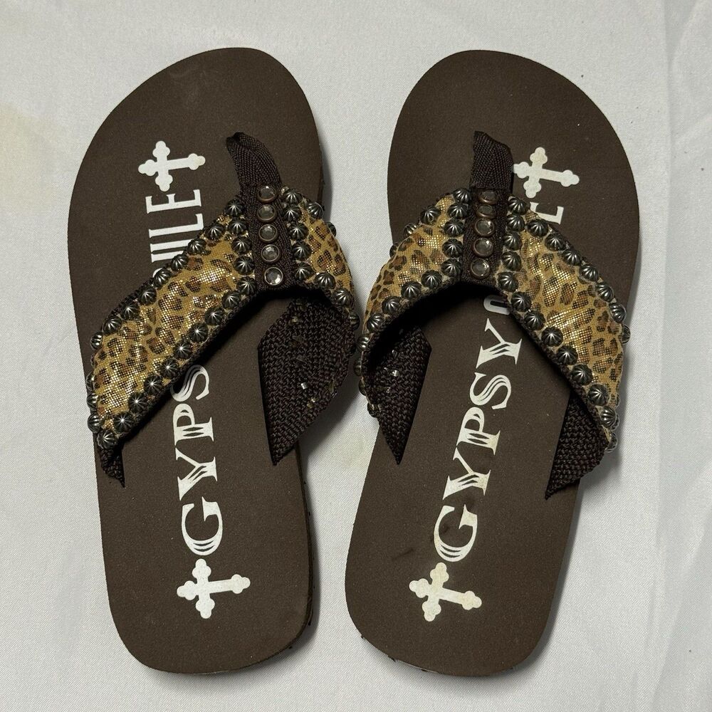 Gypsy Soule Leopard Rhinestone Flip Flop Sandals Women’s Size 7 Boho Bling NWOT - Picture 9 of 15